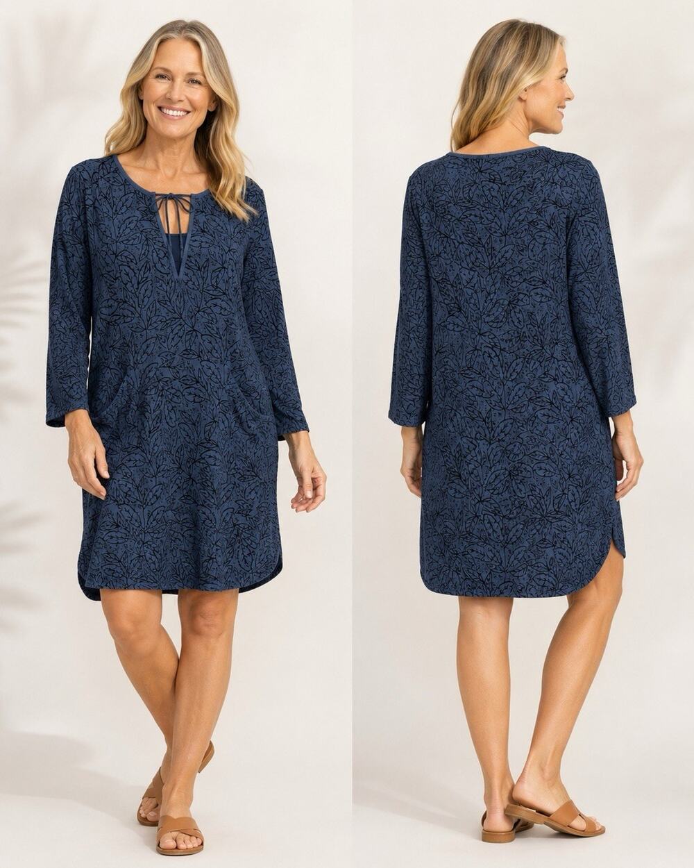 Poetry Shift Dress US 8 Hemp Cotton Blue Leaf Print Pockets Tie V-neck Artsy